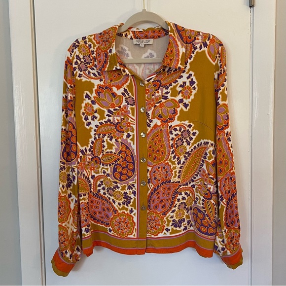 🚨FINAL SALE🚨 Rachel Zoe Long Sleeve Button Down Blouse Floral Orange Red 70s L - Picture 5 of 8